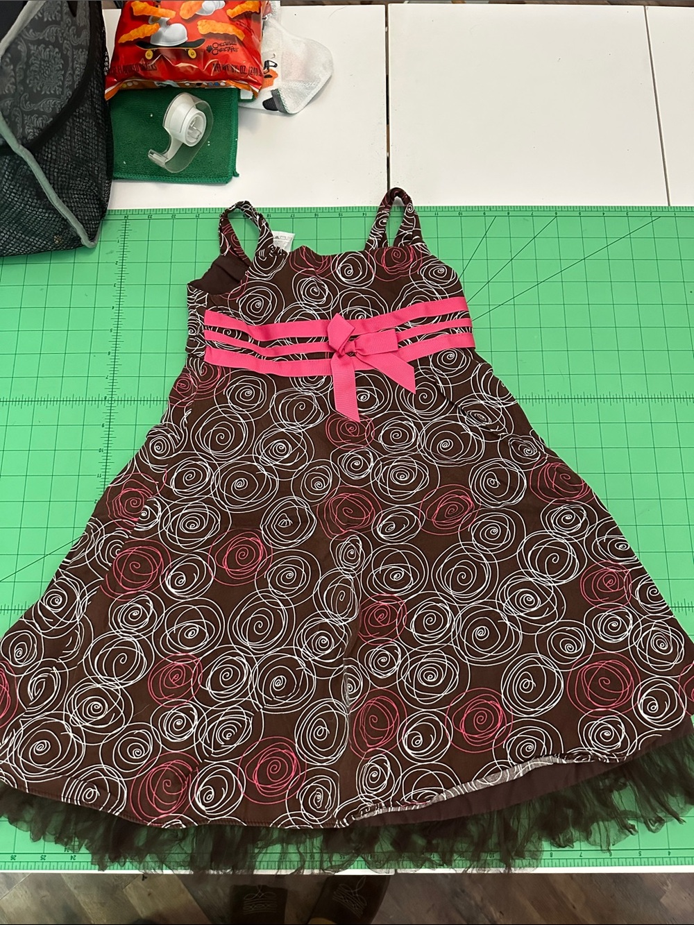 Bonnie Jean Brown Pink Swirl Dress with Pink Waist Bow size 5
